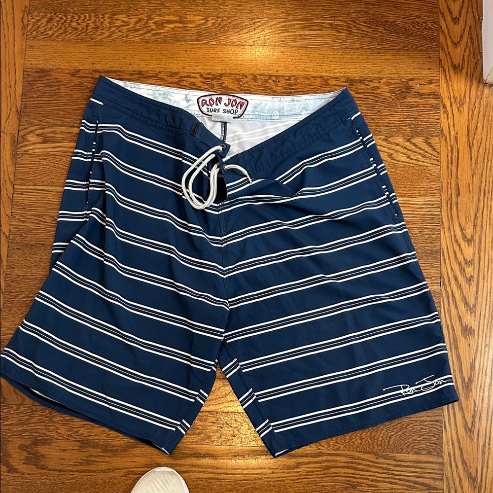 Ron Jon Navy and White Striped Swim Board Shorts